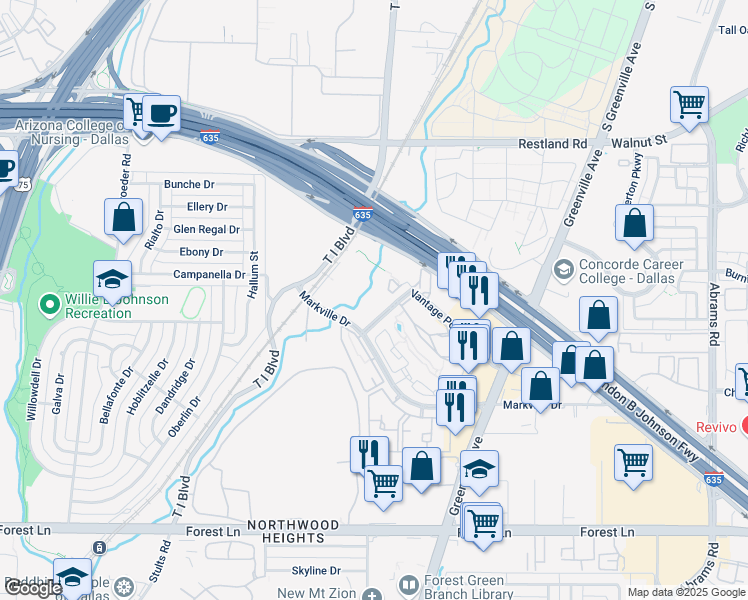 map of restaurants, bars, coffee shops, grocery stores, and more near 8901 Vantage Point Drive in Dallas