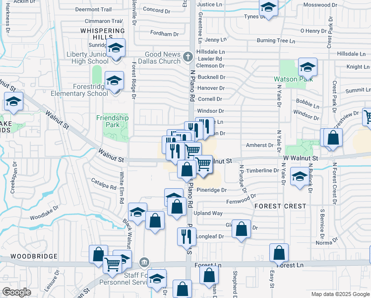 map of restaurants, bars, coffee shops, grocery stores, and more near 535 North Plano Road in Garland