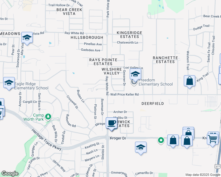 map of restaurants, bars, coffee shops, grocery stores, and more near 9900 Voss Avenue in Fort Worth