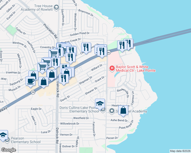 map of restaurants, bars, coffee shops, grocery stores, and more near 9318 Shipman Street in Rowlett