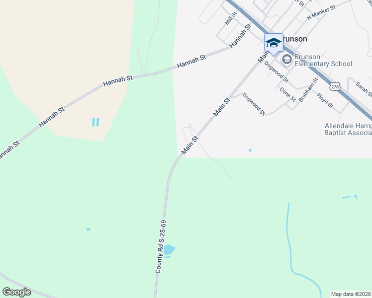 map of restaurants, bars, coffee shops, grocery stores, and more near Main Street in Brunson