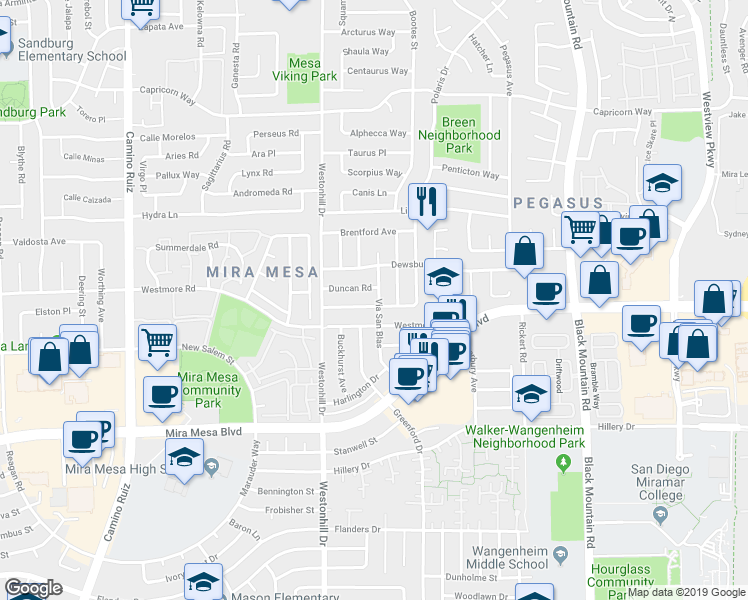 map of restaurants, bars, coffee shops, grocery stores, and more near 8932 Calliandra Road in San Diego