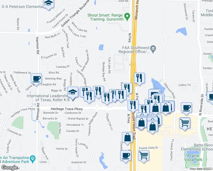 map of restaurants, bars, coffee shops, grocery stores, and more near 9832 Bodega Bay Road in Fort Worth