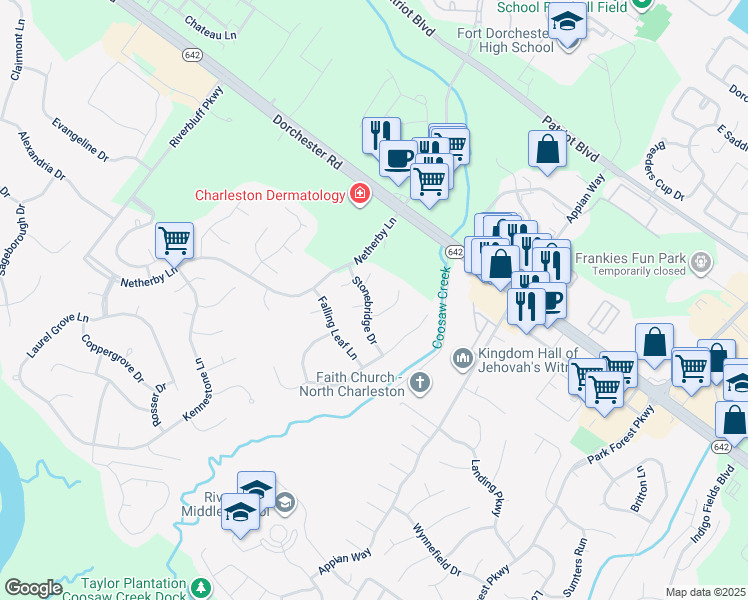 map of restaurants, bars, coffee shops, grocery stores, and more near 8509 Stonebridge Drive in Charleston