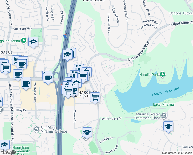 map of restaurants, bars, coffee shops, grocery stores, and more near 10981 Scripps Ranch Boulevard in San Diego