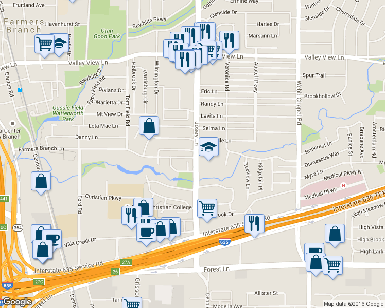 map of restaurants, bars, coffee shops, grocery stores, and more near 12470 Wood Manor Circle in Farmers Branch