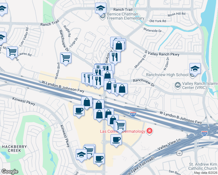 map of restaurants, bars, coffee shops, grocery stores, and more near 7902 North MacArthur Boulevard in Irving