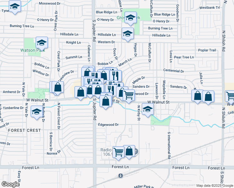 map of restaurants, bars, coffee shops, grocery stores, and more near in Garland