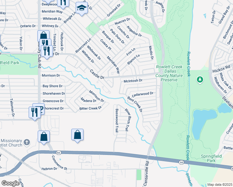 map of restaurants, bars, coffee shops, grocery stores, and more near 2103 McIntosh Drive in Garland