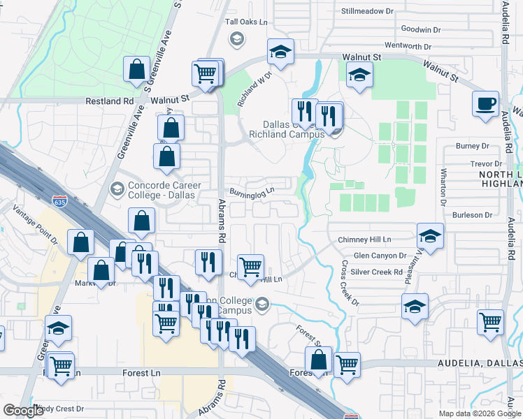 map of restaurants, bars, coffee shops, grocery stores, and more near 12484 Abrams Road in Dallas