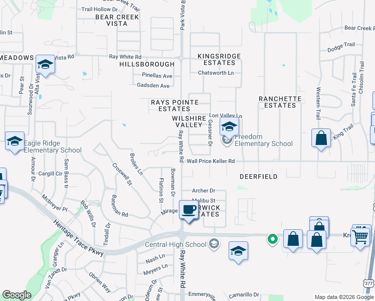 map of restaurants, bars, coffee shops, grocery stores, and more near 9900 Voss Avenue in Fort Worth