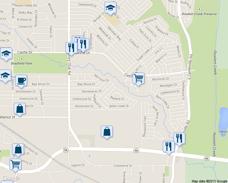 map of restaurants, bars, coffee shops, grocery stores, and more near 1566 Town Bluff Drive in Garland