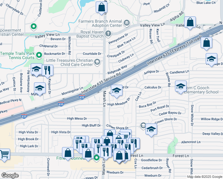 map of restaurants, bars, coffee shops, grocery stores, and more near 12329 Cedar Bend Drive in Dallas