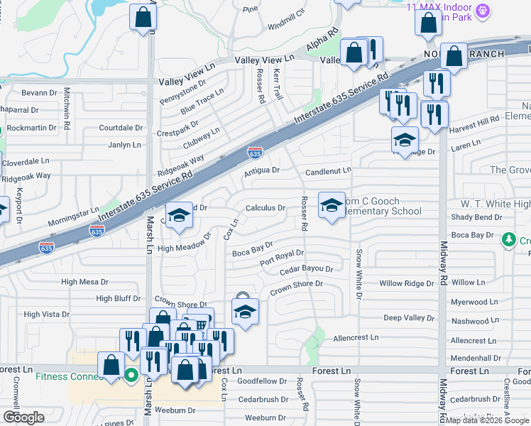map of restaurants, bars, coffee shops, grocery stores, and more near 3824 Calculus Drive in Dallas