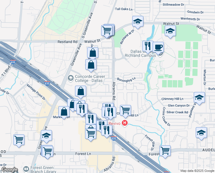 map of restaurants, bars, coffee shops, grocery stores, and more near 12533 Burninglog Lane in Dallas
