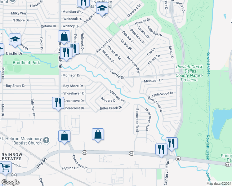 map of restaurants, bars, coffee shops, grocery stores, and more near 1641 Morrison Drive in Garland