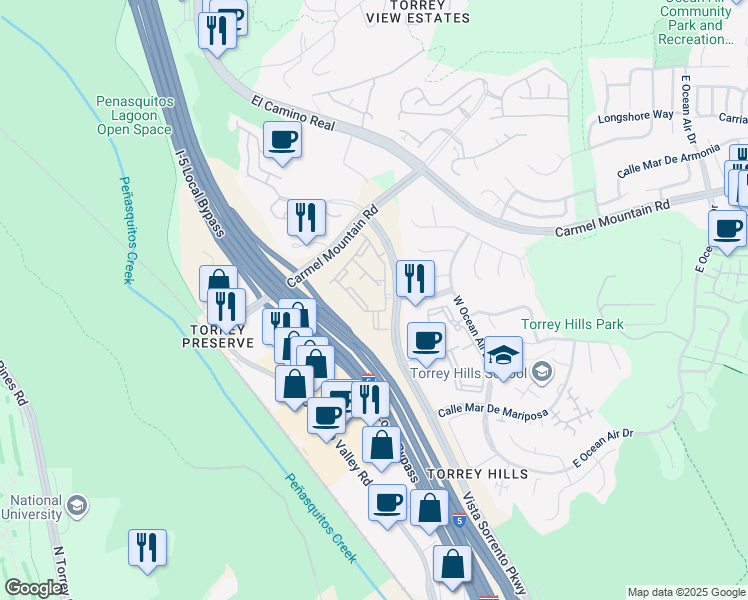 map of restaurants, bars, coffee shops, grocery stores, and more near 11160 Vista Sorrento Parkway in San Diego
