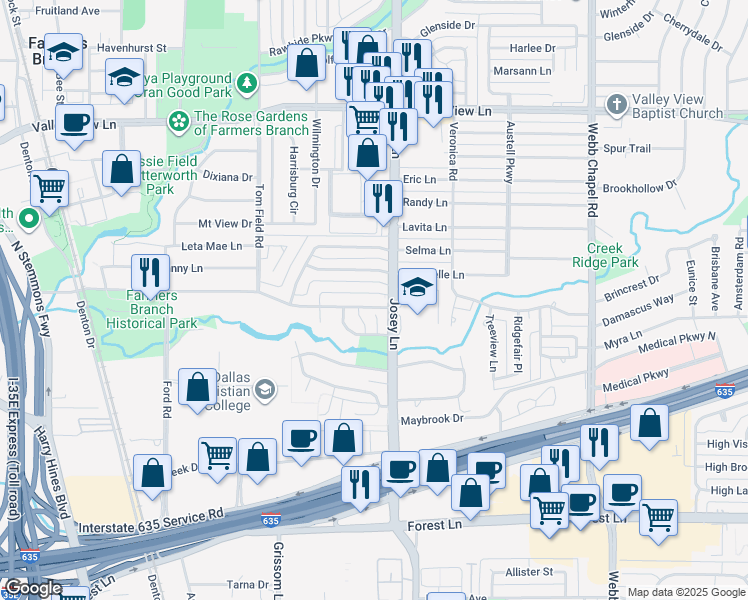 map of restaurants, bars, coffee shops, grocery stores, and more near 12470 Wood Manor Circle in Farmers Branch