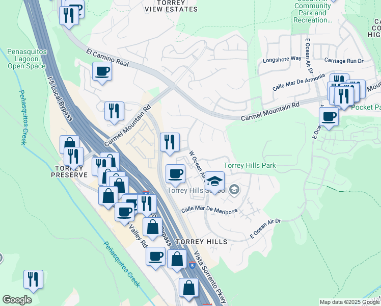 map of restaurants, bars, coffee shops, grocery stores, and more near 11080 West Ocean Air Drive in San Diego
