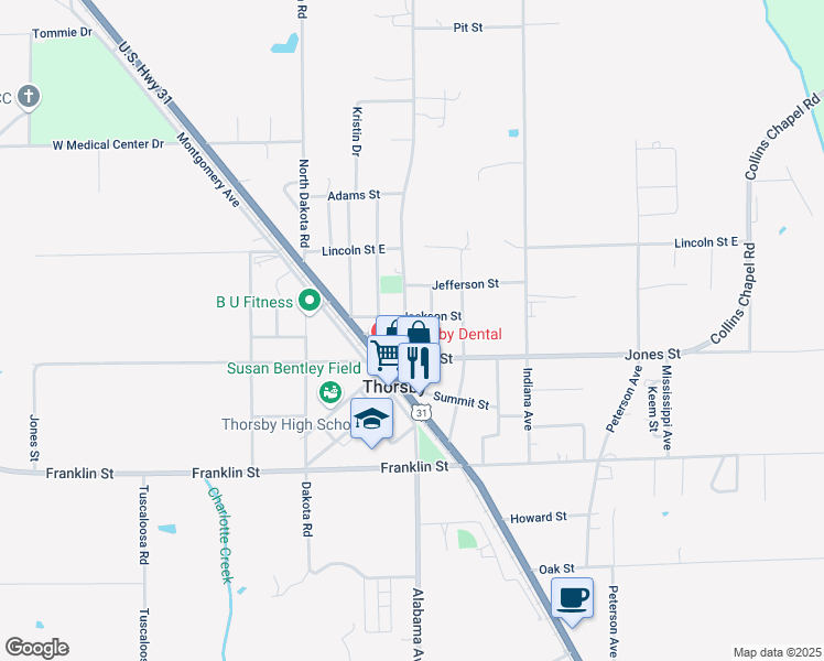 map of restaurants, bars, coffee shops, grocery stores, and more near 140 Iowa Avenue in Thorsby