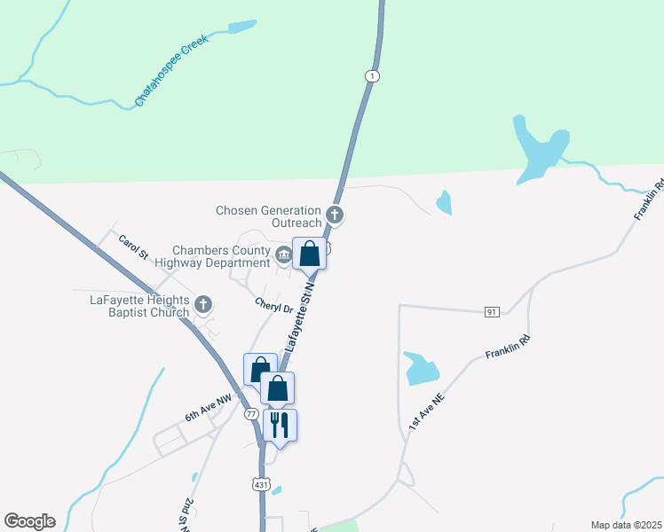 map of restaurants, bars, coffee shops, grocery stores, and more near 18130 U.S. 431 in La Fayette