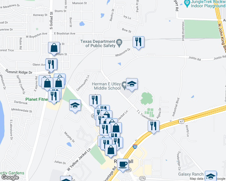 map of restaurants, bars, coffee shops, grocery stores, and more near 1192 T L Townsend Drive in Rockwall