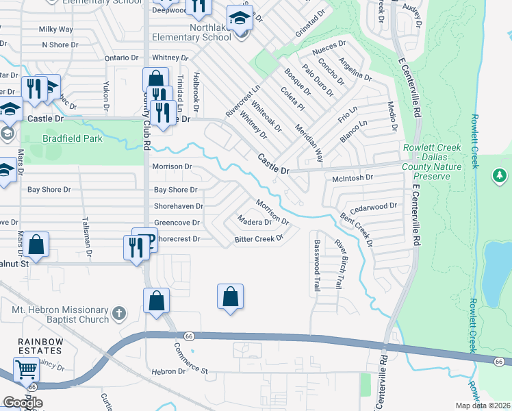 map of restaurants, bars, coffee shops, grocery stores, and more near 1566 Town Bluff Drive in Garland