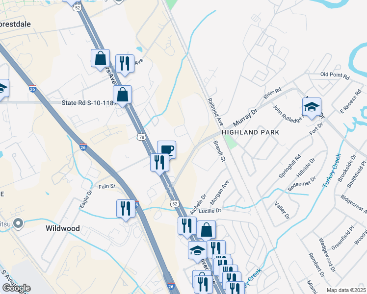 map of restaurants, bars, coffee shops, grocery stores, and more near 1950 Hanahan Road in North Charleston