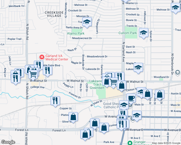 map of restaurants, bars, coffee shops, grocery stores, and more near 1529 Brookside Drive in Garland