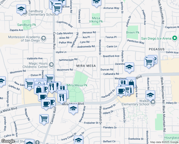 map of restaurants, bars, coffee shops, grocery stores, and more near 8642 Summerdale Road in San Diego