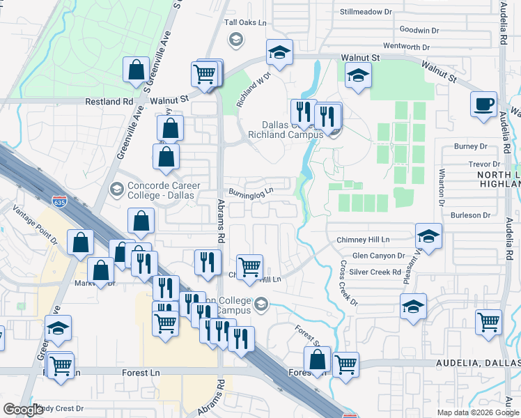 map of restaurants, bars, coffee shops, grocery stores, and more near 12484 Abrams Road in Dallas