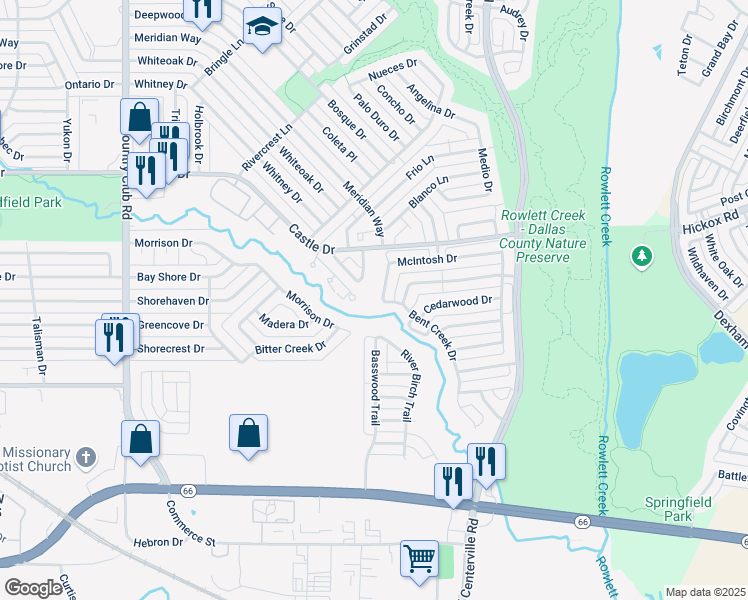 map of restaurants, bars, coffee shops, grocery stores, and more near 2103 McIntosh Drive in Garland