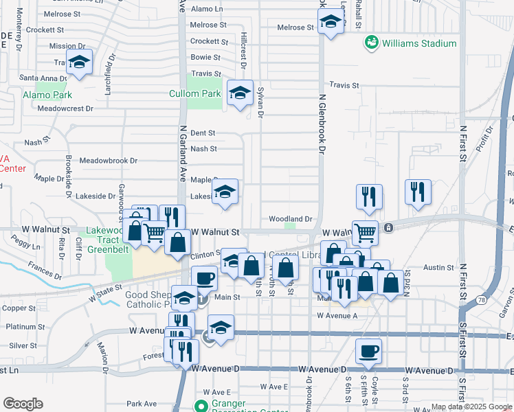 map of restaurants, bars, coffee shops, grocery stores, and more near 515 Sylvan Drive in Garland