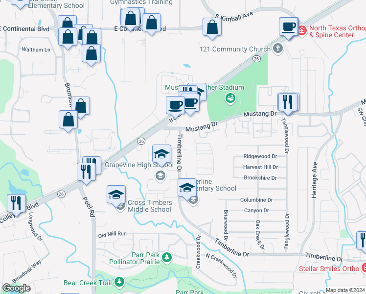 map of restaurants, bars, coffee shops, grocery stores, and more near 3103 Timber Ridge Point in Grapevine