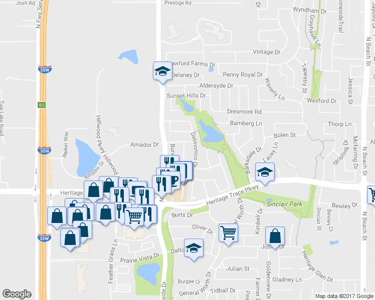 map of restaurants, bars, coffee shops, grocery stores, and more near 9744 Hathman Lane in Fort Worth