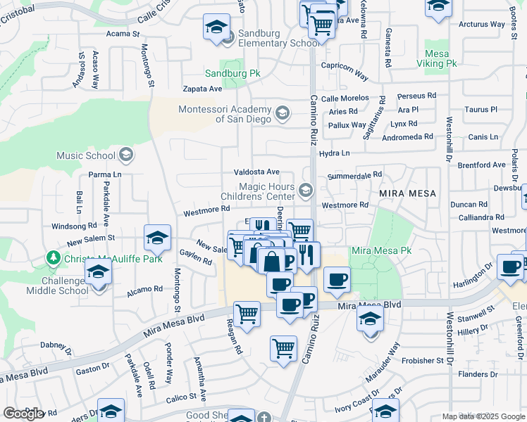 map of restaurants, bars, coffee shops, grocery stores, and more near 8187 Westmore Road in San Diego