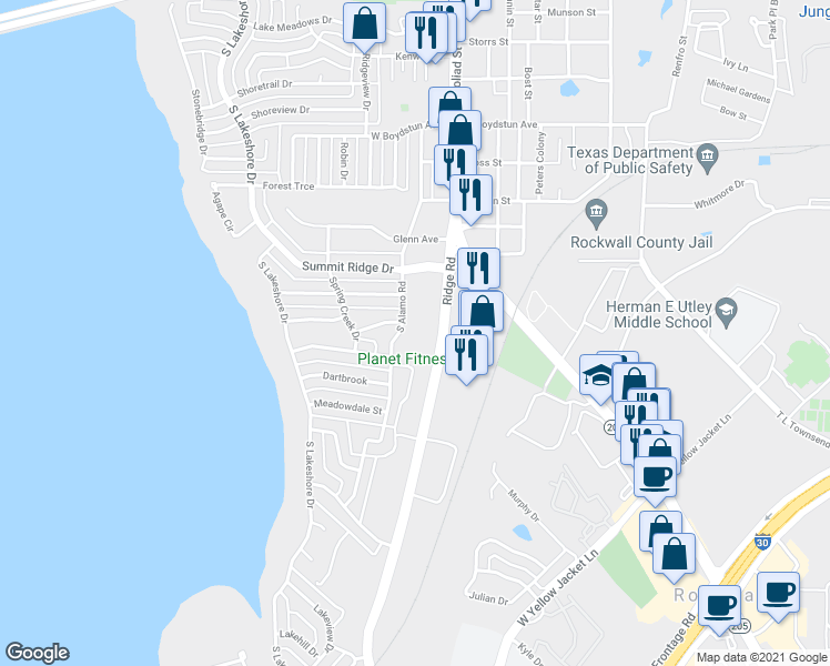 map of restaurants, bars, coffee shops, grocery stores, and more near 1401 South Alamo Road in Rockwall