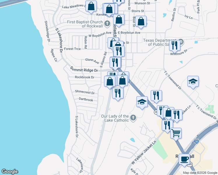 map of restaurants, bars, coffee shops, grocery stores, and more near 1401 South Alamo Road in Rockwall