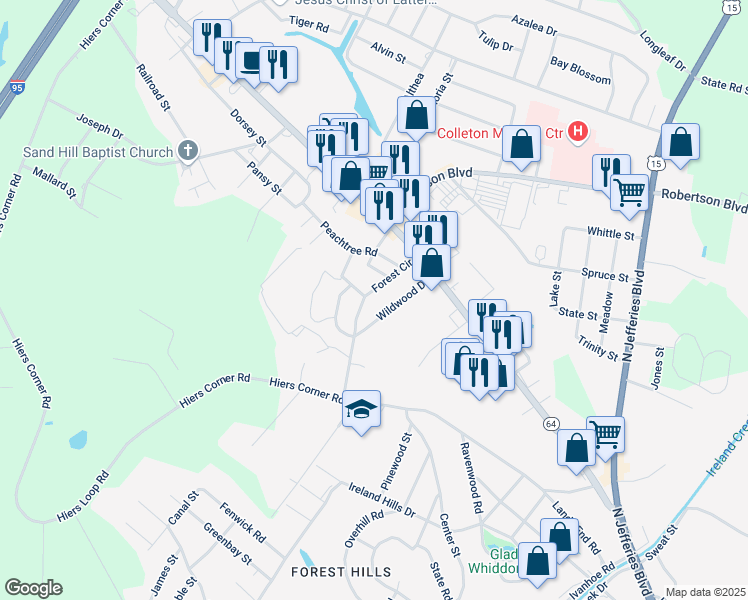 map of restaurants, bars, coffee shops, grocery stores, and more near 309 Forest Circle in Walterboro