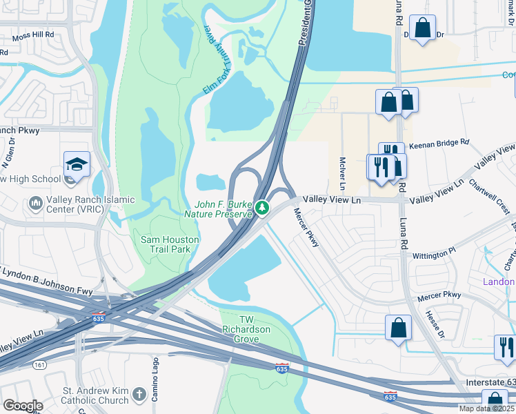map of restaurants, bars, coffee shops, grocery stores, and more near President George Bush Highway in Sachse