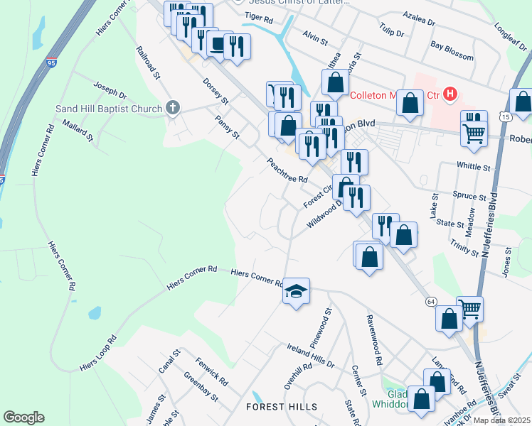 map of restaurants, bars, coffee shops, grocery stores, and more near 500 Forest Circle in Walterboro
