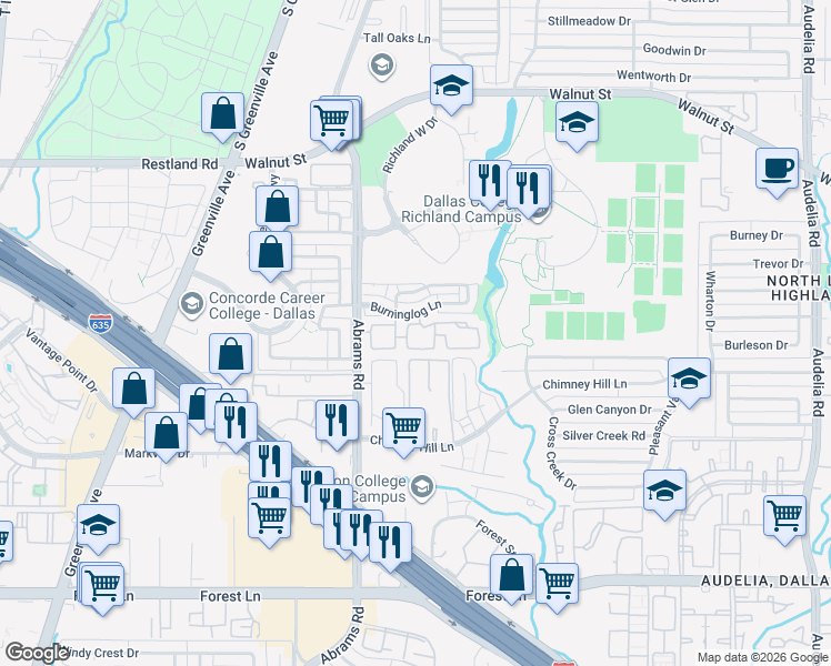 map of restaurants, bars, coffee shops, grocery stores, and more near 12484 Abrams Road in Dallas