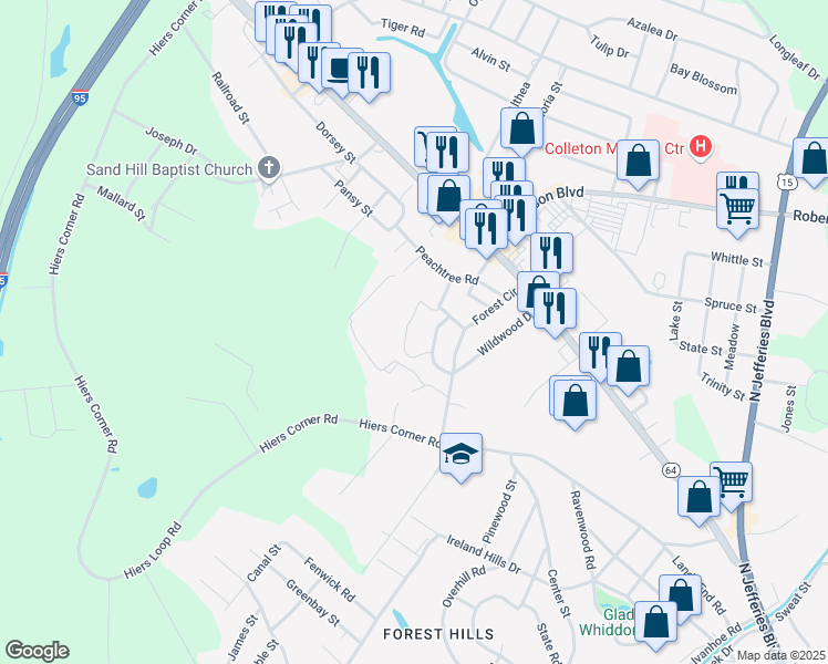 map of restaurants, bars, coffee shops, grocery stores, and more near 500 Forest Circle in Walterboro