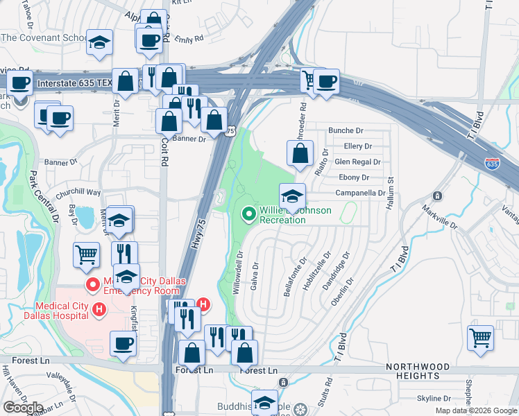 map of restaurants, bars, coffee shops, grocery stores, and more near Cottonwood Trail in Dallas
