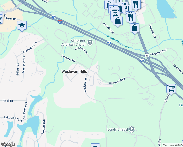 map of restaurants, bars, coffee shops, grocery stores, and more near 1633 Wesleyan Drive in Macon