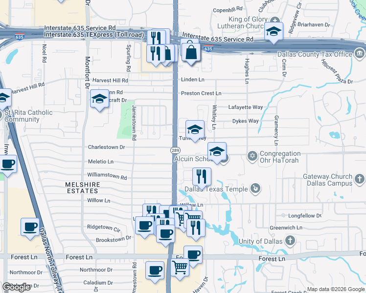 map of restaurants, bars, coffee shops, grocery stores, and more near 12400 Texas 289 in Dallas