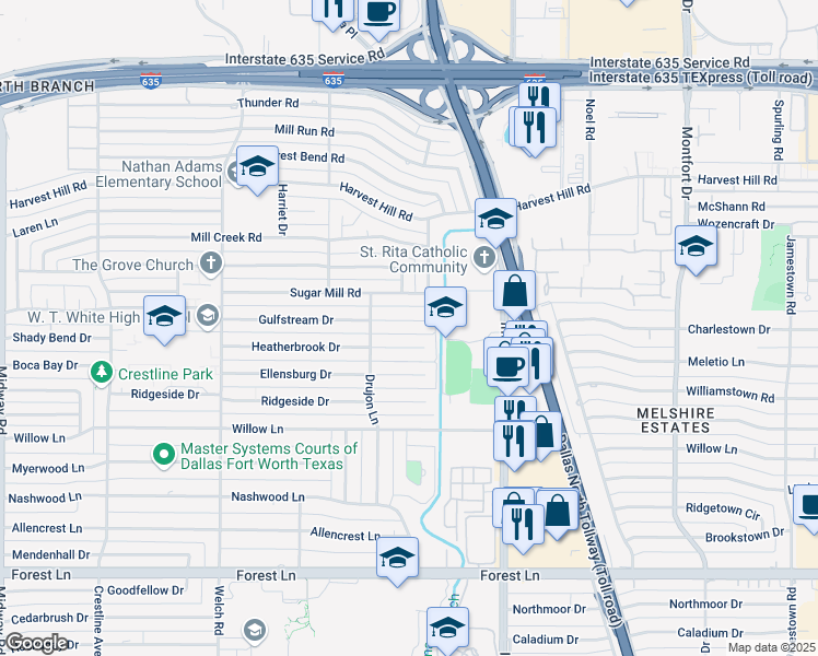 map of restaurants, bars, coffee shops, grocery stores, and more near 4932 Gulfstream Dr in Dallas