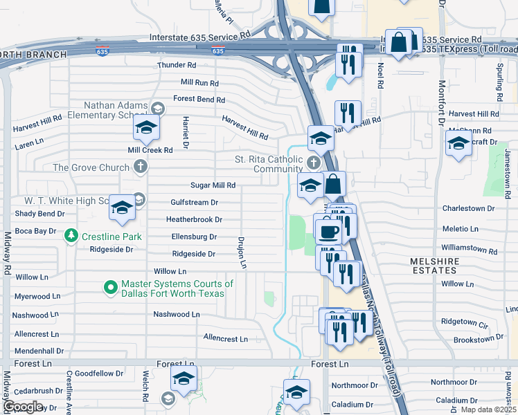 map of restaurants, bars, coffee shops, grocery stores, and more near 4932 Gulfstream Drive in Dallas