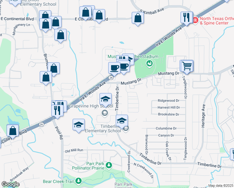 map of restaurants, bars, coffee shops, grocery stores, and more near 3103 Timber Ridge Point in Grapevine