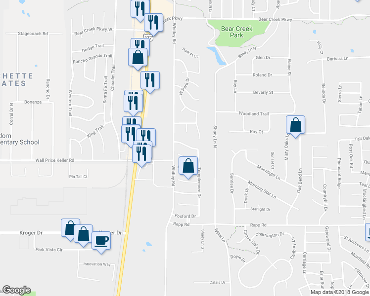 map of restaurants, bars, coffee shops, grocery stores, and more near 212 Flanigan Hill Dr in Keller